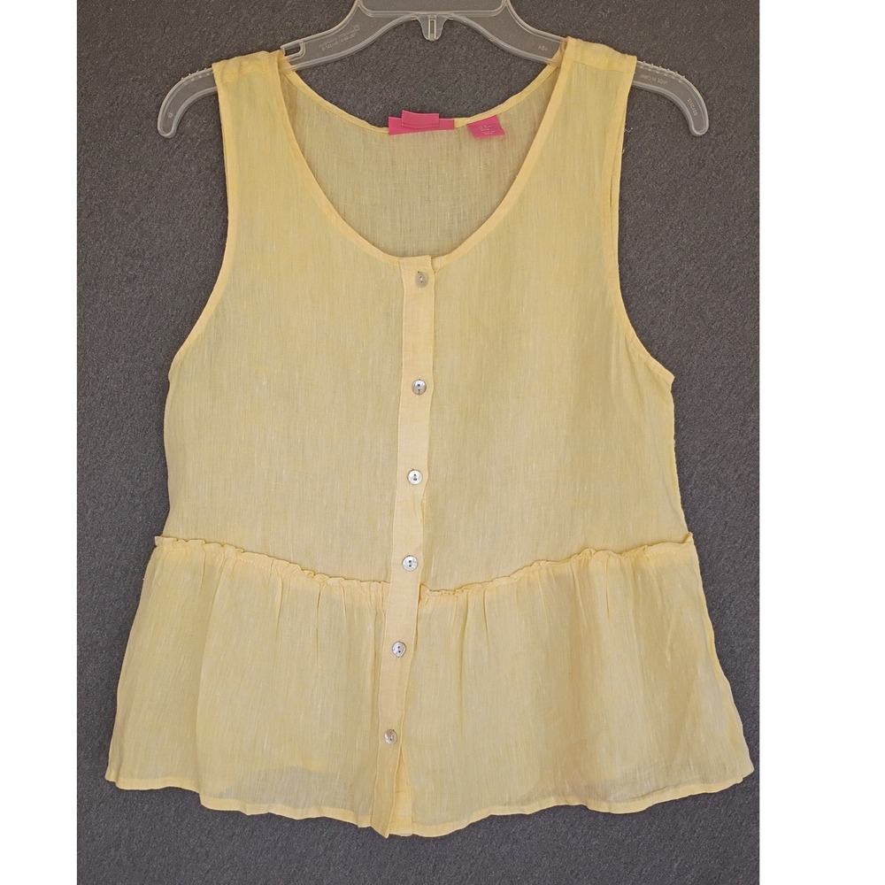 Isaac Mizrahi Yellow 100% Linen Sleeveless Peplum Button Front Top M Peasant